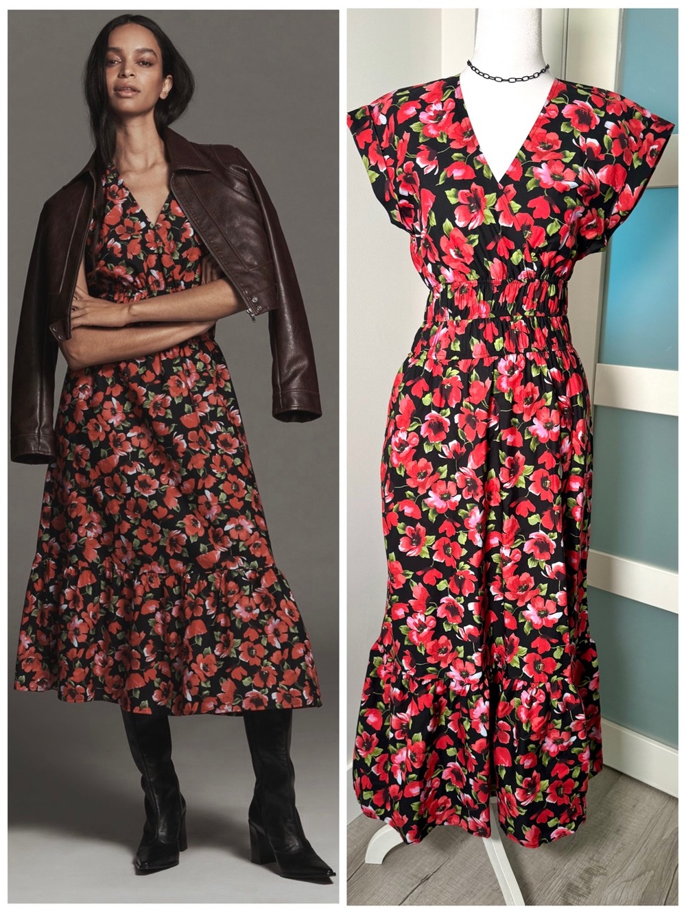 Anthropologie Coquette Maeve Floral Smocked Midi Dress NWT MED Black Red Fall